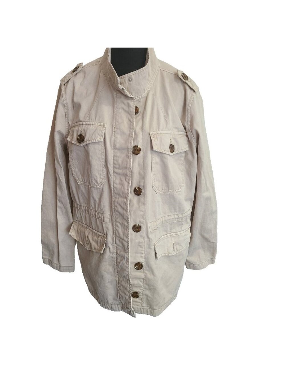 Kensie Jeans Women's Utility Cargo Jacket Beige Lightweight Full Zip Denim  SZ L